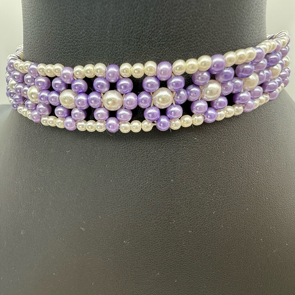Vintage Purple Faux Pearl‎ Beaded Choker Necklace Jewelry Pastel Flower Gift